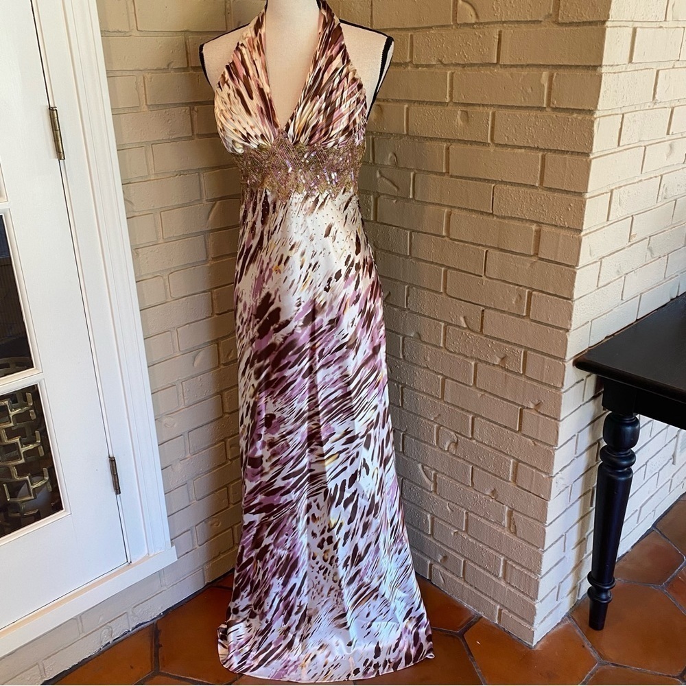 Champagne Mauve Beaded Floor Length Homecoming prom formal Backless Dress Sz 6